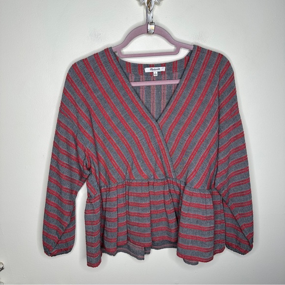 MADEWELL Striped Bubble-Sleeve Peplum Top Gray Red {G14} - Picture 3 of 7
